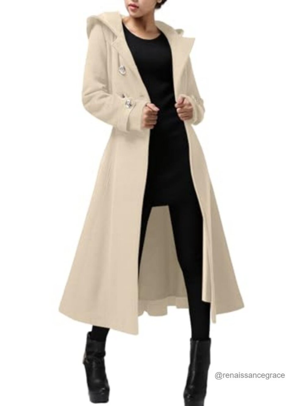 Cicy Bell Long Double-Breasted Hooded Wool Blend Trench Coat